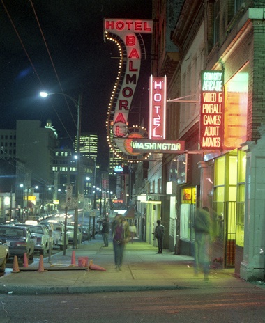Ahasiw, Hastings street looking west from Main, nighttime.